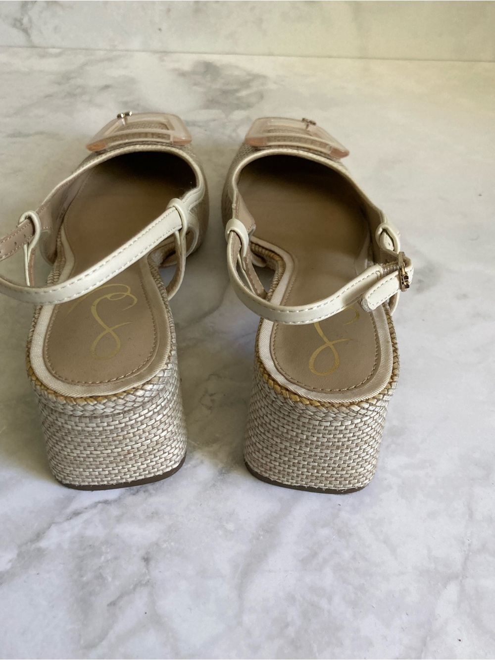 Sam Edelman Beige Woven Slingback Block-Heel Pumps - Picture 5 of 9